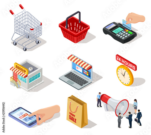 Isometric shopping icons. Ecommerce store, online shop and internet purchasing 3d vector marketing symbols
