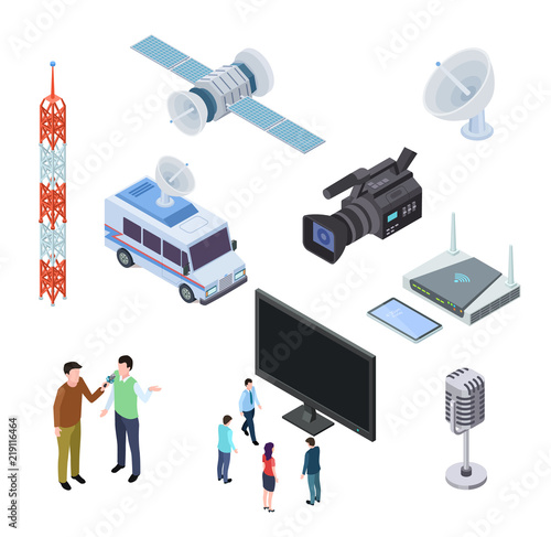Broadcasting equipment. Television stream electronics. Tv antenna, satellite and camcorder. Telecommunications 3d isometric icons