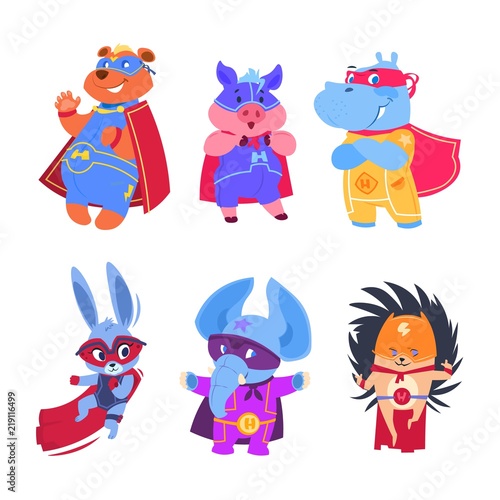 Superhero animals. Baby superheroes vector characters set