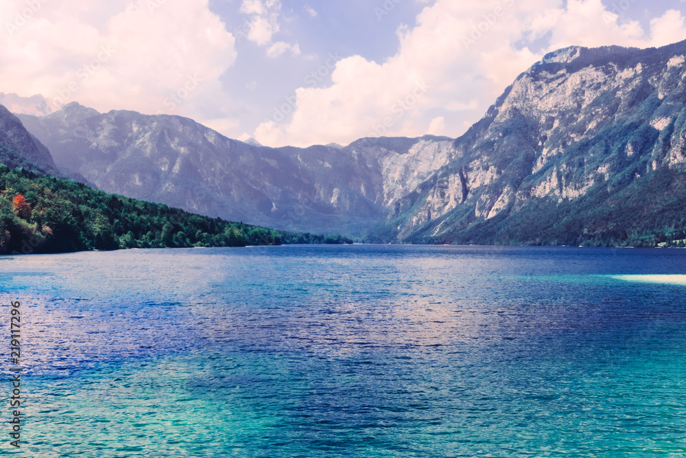 beautiful alpine blue lake 