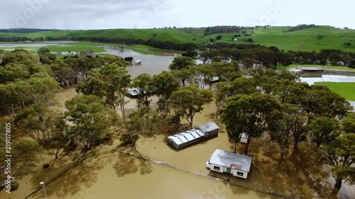 Drone shot of flooding of a rural town;  Casterton, Victoria, Australia. photo