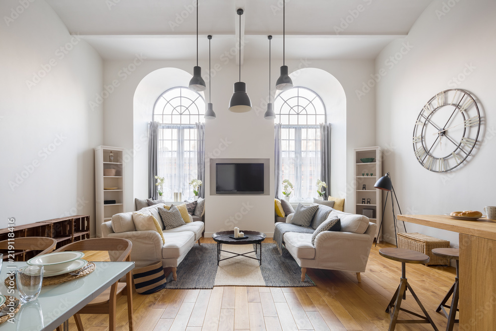 Contemporary living room with tv - obrazy, fototapety, plakaty 