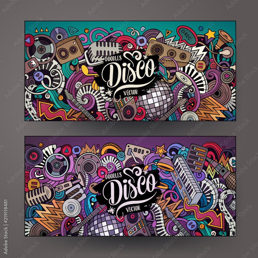 Cartoon cute colorful vector hand drawn doodles Disco music horizontal banners