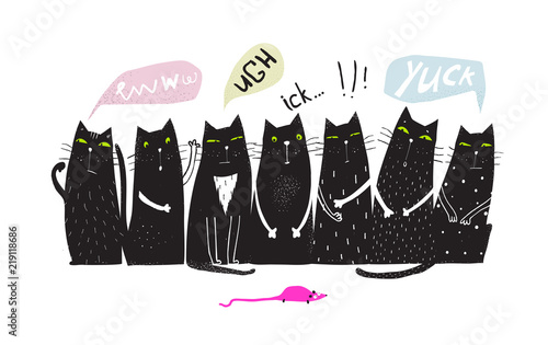 Fun black group of Cats sitting looking mouse.