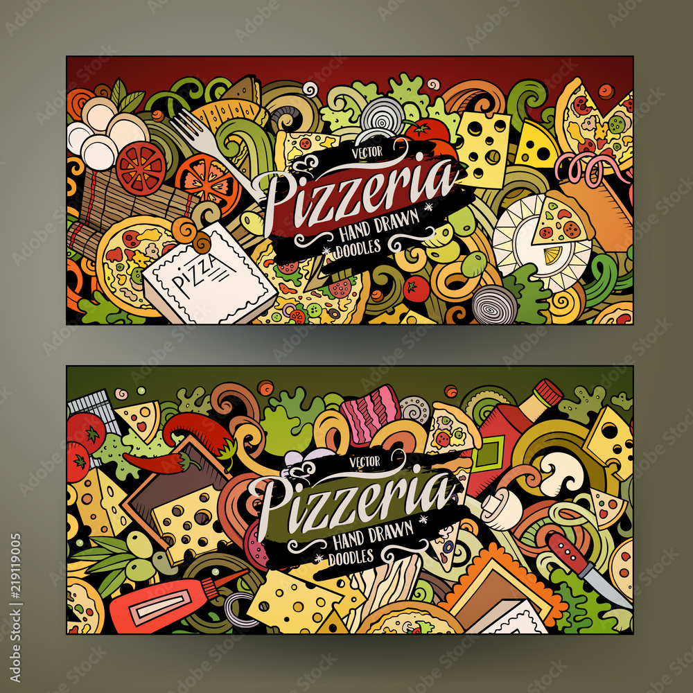Cartoon cute colorful vector hand drawn doodles Pizzeria banners