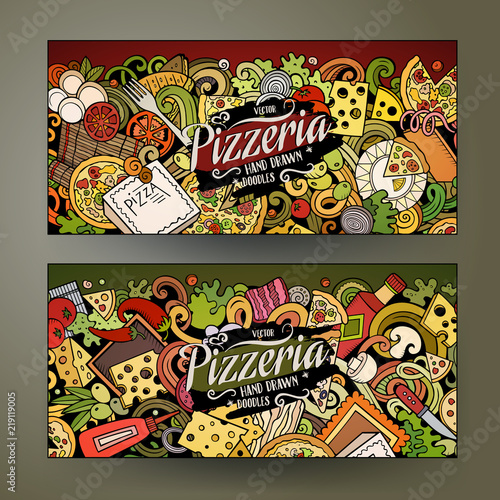 Cartoon cute colorful vector hand drawn doodles Pizzeria banners