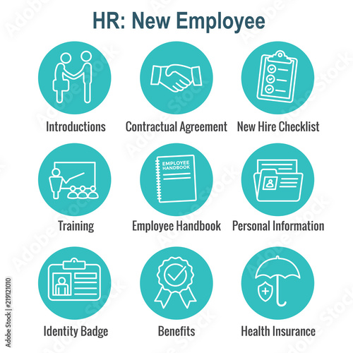 New Employee Hiring Process icon set   w checklist, handshake, training, etc
