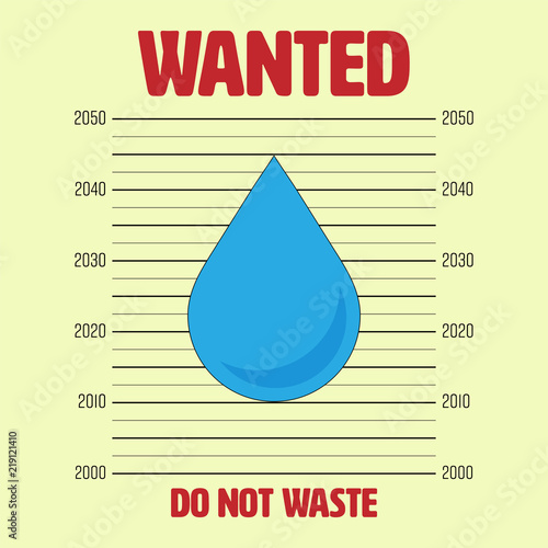 Outline flat icon of water drop on wanted announcement background as a gimmick. Protect water, do not waste concept. Vector illustration.