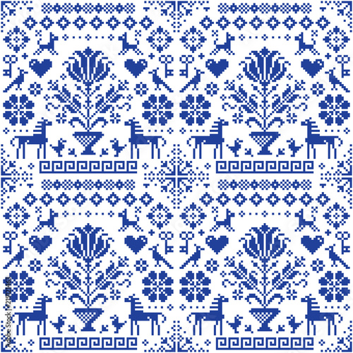 Retro traditional cross-stitch vector seamless pattern - repetitive background inspired German old style embroidery with flowers and animals
