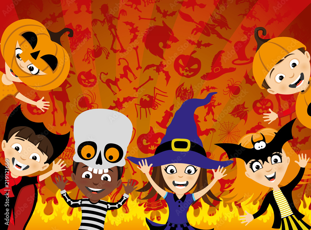 Halloween party and a group of children on a red background. Halloween party and a group of children on a red background.