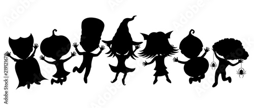 Children in costumes for halloween on a white background.