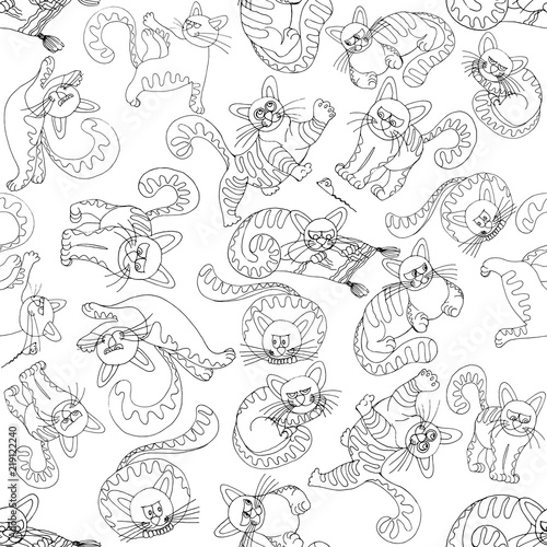 Seamless pattern of hand drawn sketch style funny cats isolated on white background. Vector illustration.