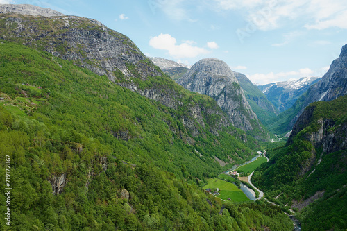 Beautiful scenic view to the Naeroydalen valley from the Stalheim route in Voss, Norway. photo