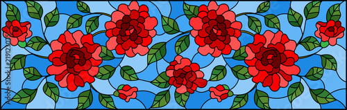 Illustration in stained glass style with red rose branches on blue background, rectangular image