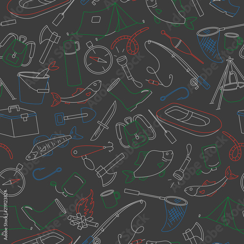 Seamless pattern on the theme of fishing, simple colored contour icons ,colored chalks on the dark school Board