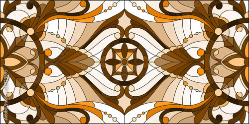Illustration in stained glass style with abstract  swirls and leaves  on a light background,horizontal orientation, sepia
