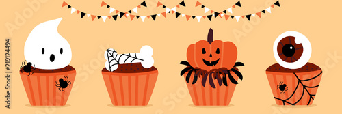 Cute vector cartoon illustration of halloween cupcakes. Set, collection of sweets in halloween style with ghost, bone, jack o lantern, eyeball.
