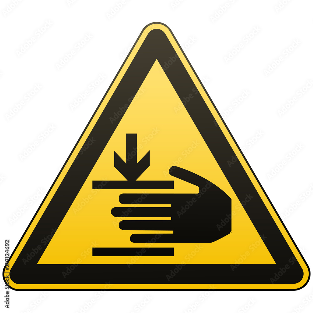 Caution, hands may be injured. Attention is dangerous. Warning sign. Security measures. Yellow triangle with a black image. Isolated object on white background. Vector illustrations. Caution, hands may be injured. Attention is dangerous. Warning sign. Security measures. Yellow triangle with a black image. Isolated object on white background. Vector illustrations.