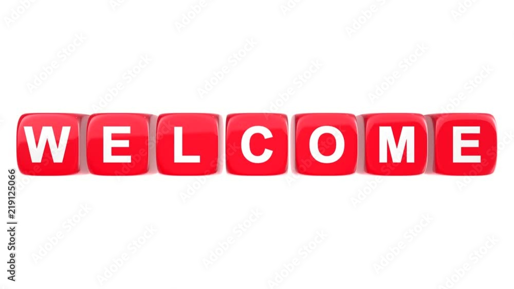 Welcome text word on red glossy cubes 3D animation on white background Welcome text word on red glossy cubes 3D animation on white background
