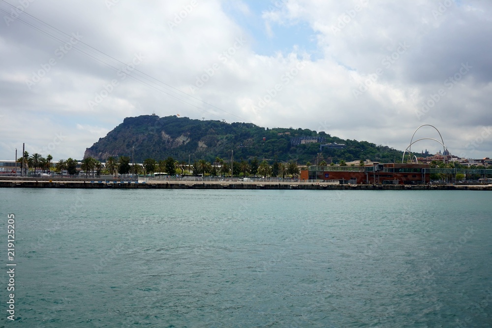 Panorama of the port and the Montjuic mountain in Barcelona.