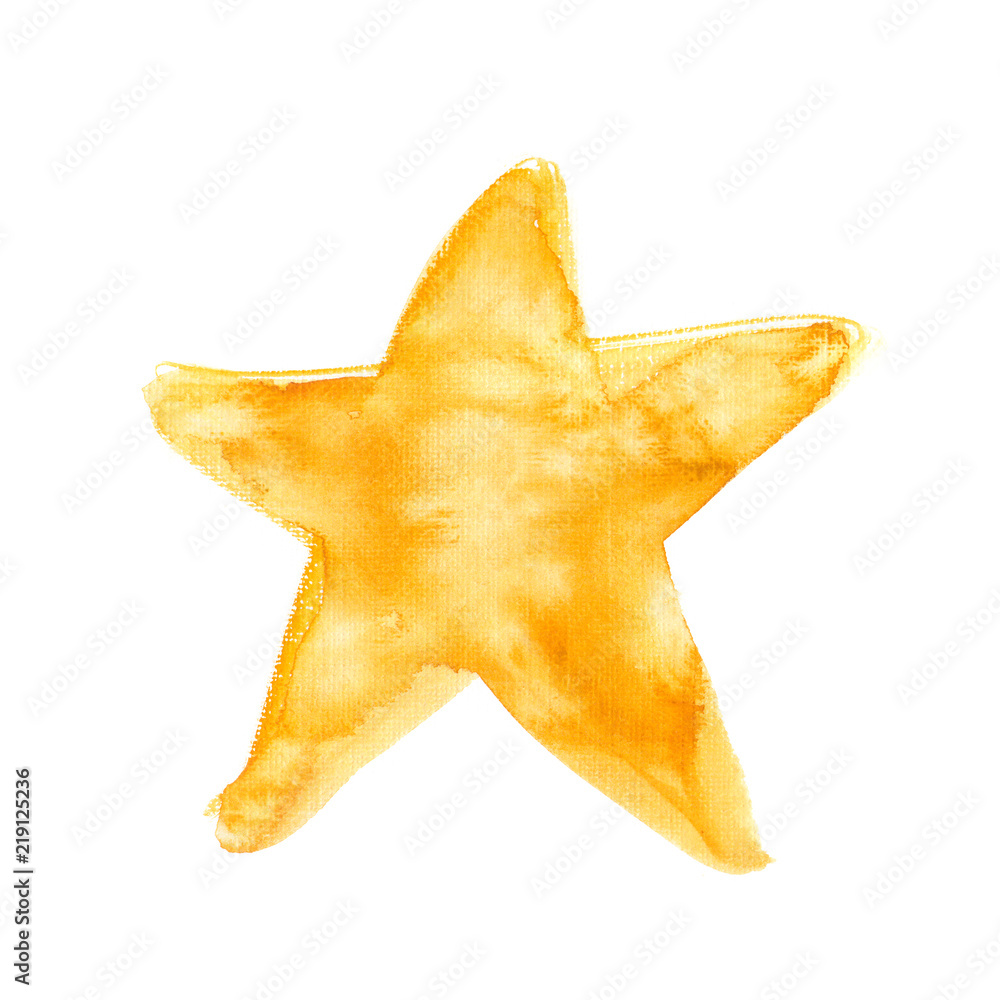 Simple abstract golden star painted in watercolor on clean white background. Illustration with rough canvas texture - obrazy, fototapety, plakaty 