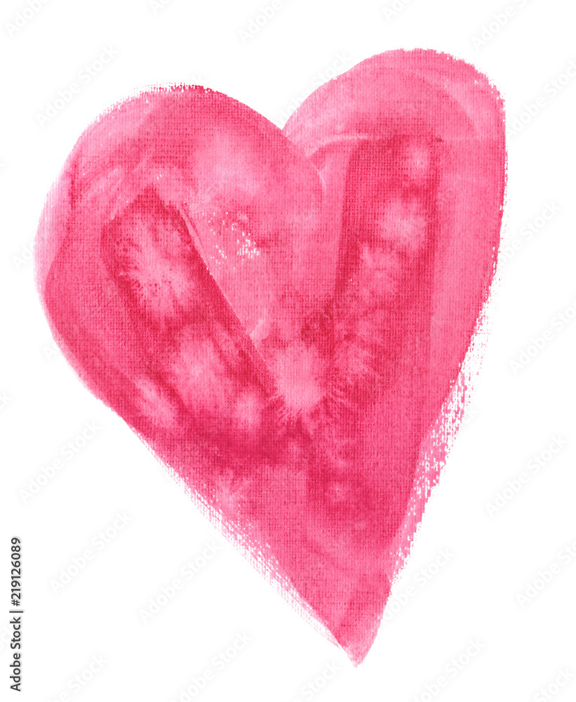 Big abstract asymmetrical bright pink heart painted in watercolor on clean white background. Illustration with rough canvas texture