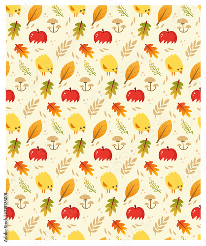 Seamless vector pattern with autumn leaves, apples and little baby chicks. © moonkin