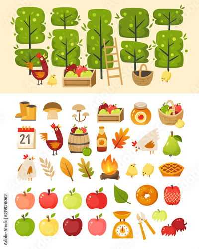 Apple season at farm garden. Vector icons of most common tools, containers and animals at harvest time