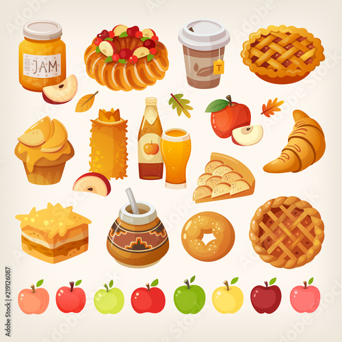 Set of vector dessert dishes and drinks made of apples, honey and other autumn products. 