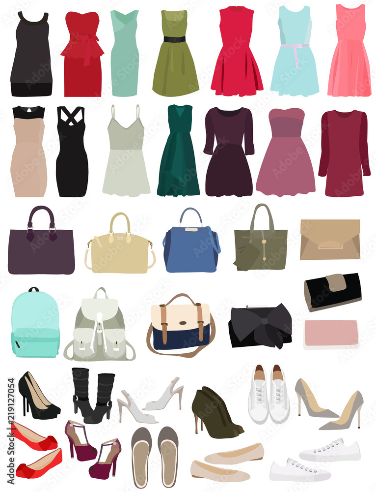 set, women's handbags, dresses, shoes