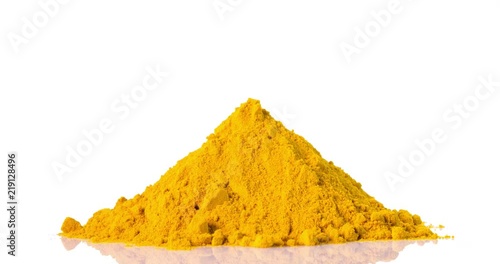 heap of curcuma turmeric ground rotating on turntable isolated on white background front view seamless loop photo