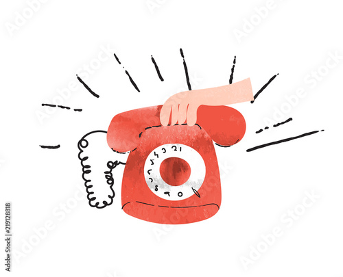 red retro phone ringing. vector illustration of ringing telephone. answering the phone. social media watercolor illustration. 