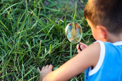 Cute little child boy looking through a magnifying glass on the tree in the garden. Study of plants.