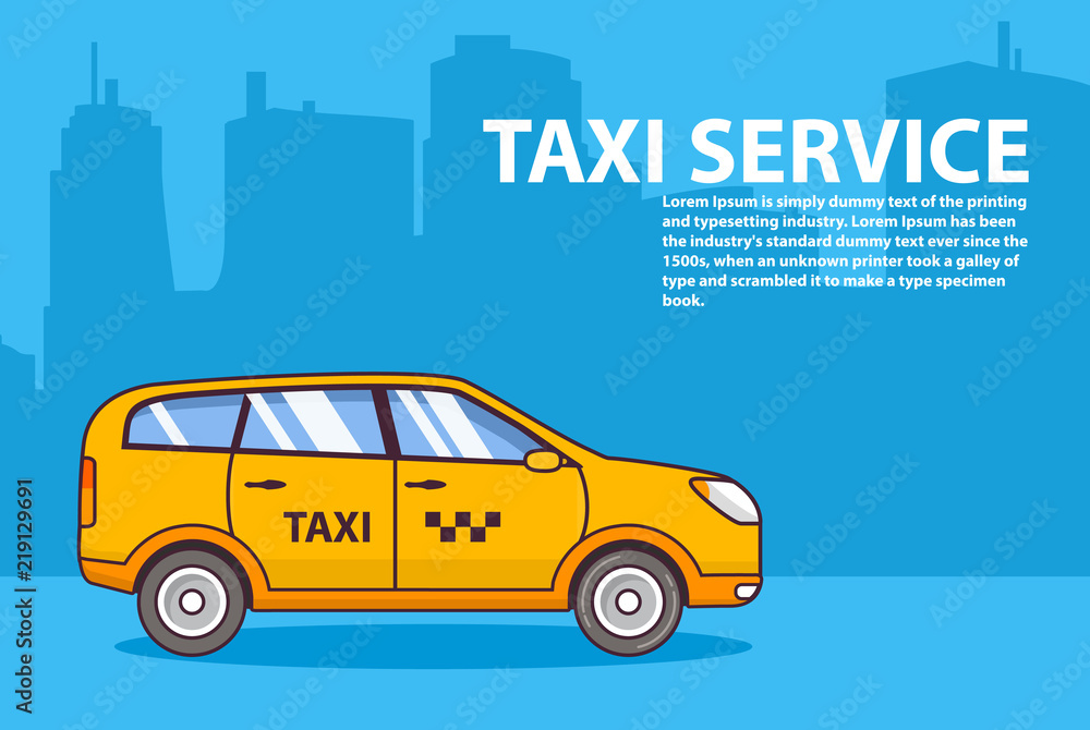 Yellow taxi service. Flat line art vector.Car cab SUV hatchback side view 