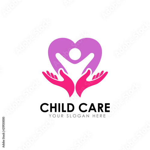 family care logo design template. child on the heart shape with hand care illustration