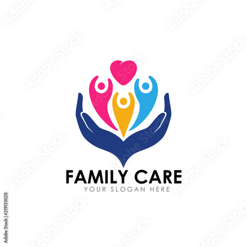 family care logo design template. child on the heart shape with hand care illustration