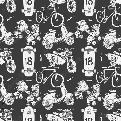 Seamless pattern with motorbike surfboard skate roller moped and bicycle.
