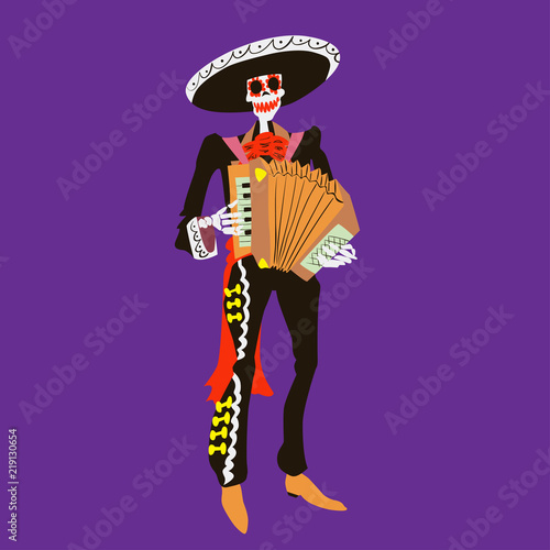 El mariachi skeleton musician. Сharacter with accordion isolated. Dia de los muertos or halloween vector illustration. Element for card, poster, or product for holiday.