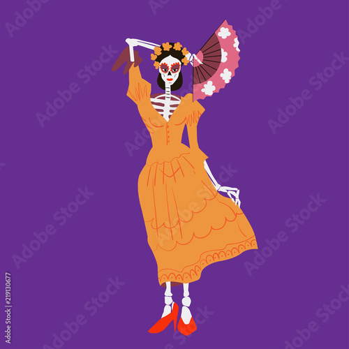 la Catrina. Skeleton character with fan. Dia de los muertos or halloween isolated vector illustration. Element for card, poster, or product for holiday.