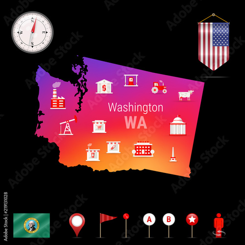 Washington Vector Map, Night View. Compass Icon, Map Navigation Elements. Pennant Flag of the United States. Vector Flag of Washington. Various Industries, Economic Geography Icons.
