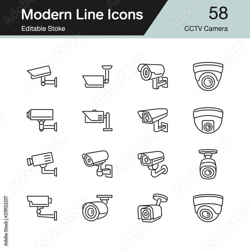 CCTV Camera icons. Modern line design set 58. For presentation, graphic design, mobile application, web design, infographics, UI. Editable Stroke.