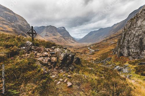 UK, Scotland, Ralston Cairn point near Glencoe with view of the valley and of the Three Sisters photo