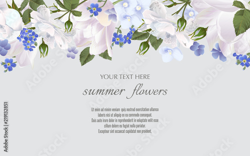 Template for greeting cards, wedding decorations, invitation, sales. Vector banner with Luxurious summer flowers. Spring or summer design. Space for text.
