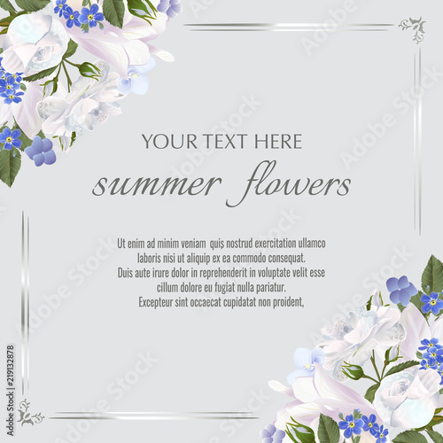 Template for greeting cards, wedding decorations, invitation, sales. Vector banner with Luxurious summer flowers. Spring or summer design. Space for text.