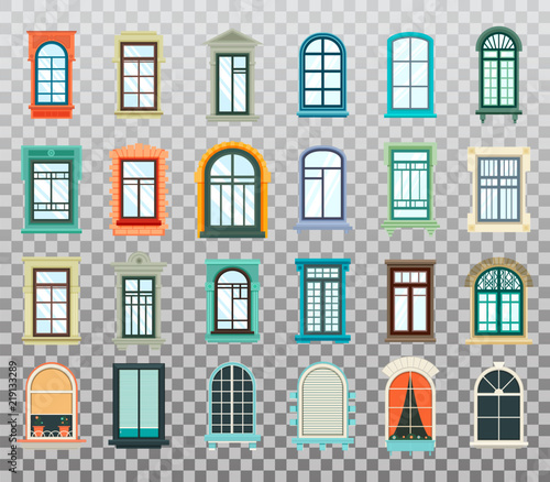 Isolated set of plastic and wooden window frames