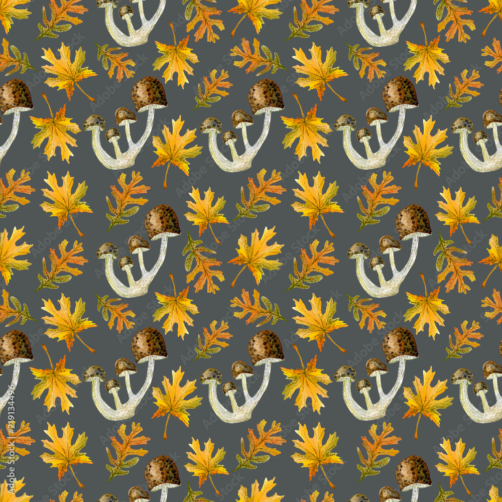 Seamless watercolor autumn pattern consisting of leaves and mushrooms Seamless watercolor autumn pattern consisting of leaves and mushrooms