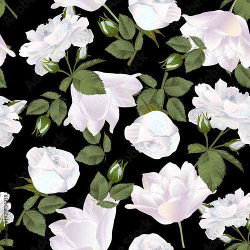 Vector botanical seamless pattern with rose and tulips flowers on black. Modern floral pattern for textile, wallpaper, print, gift wrap, greeting or wedding background.