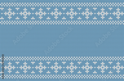 Seamless knitted pattern on a light blue background. Ornament. Winter border. It can be used as a Christmas background. Vector illustration.