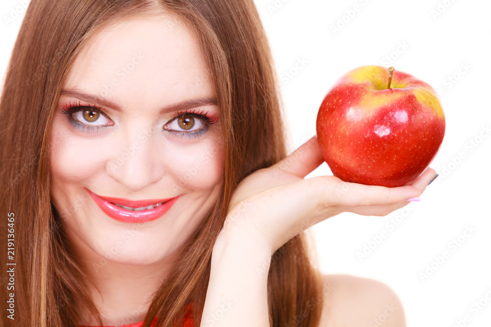 Woman charming girl colorful makeup holds apple fruit Woman charming girl colorful makeup holds apple fruit