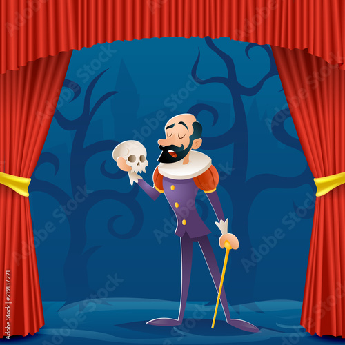 Actor man medieval suit tragic theater curtains stage cartoon character design vector illustration